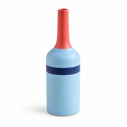 Skyline Stem Slender Bottle Decorative Vase in Sky Blue with a Navy Band and Coral Neck for Colorful Modern Interiors