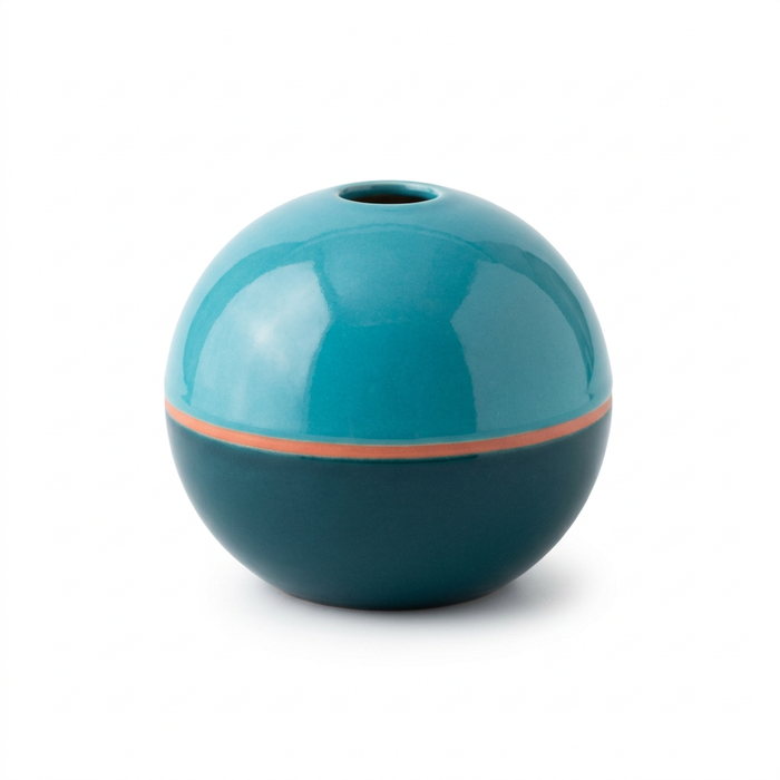 Tide Orbit Rounded Turquoise Decorative Vase with Deep Teal Base and Coral Accent Ring for Modern Coastal Interiors