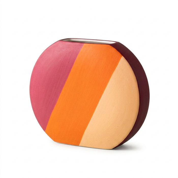 Sorbet Canvas Flat Oval Decorative Vase with Raspberry Pink, Tangerine and Apricot Diagonal Color Blocks for Artful Modern Interiors