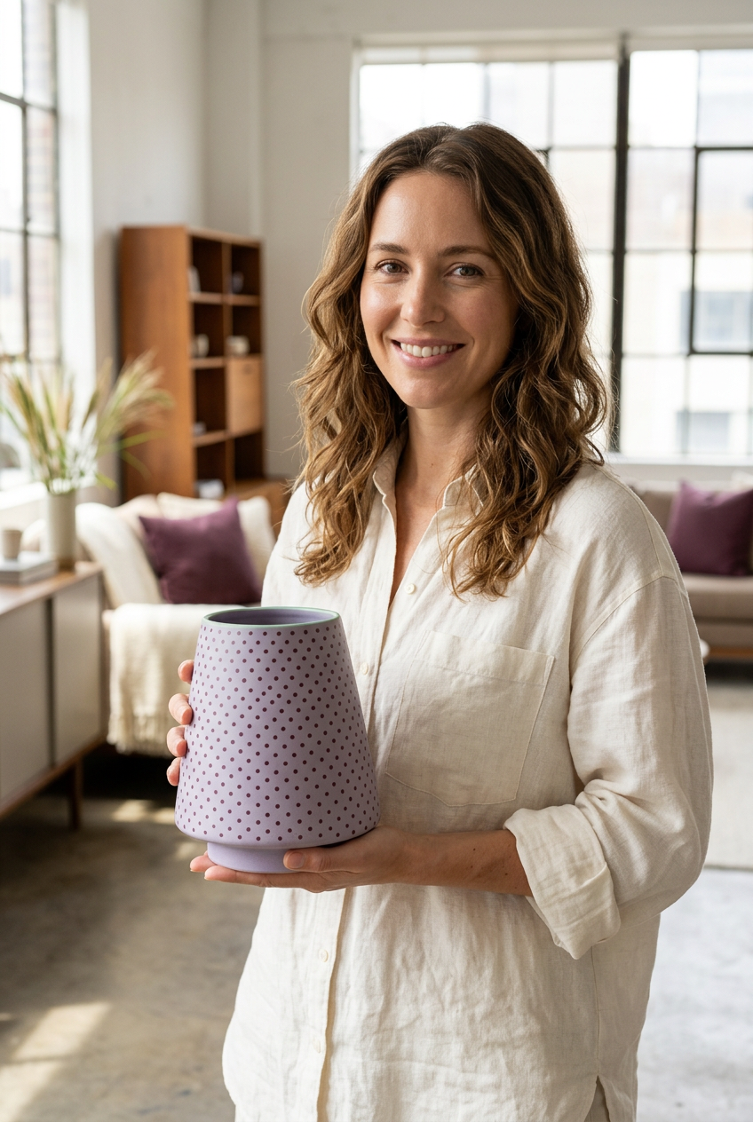 Female model holding Lilac Confetti vase