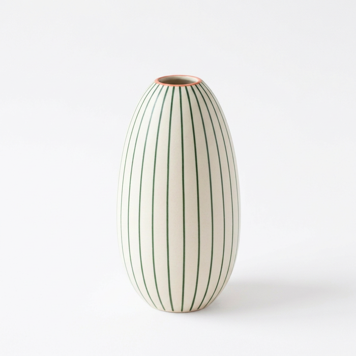 Meadow Lines Ivory Oval Decorative Vase with Forest-Green Vertical Stripes and a Coral Rim for Fresh Modern Interiors