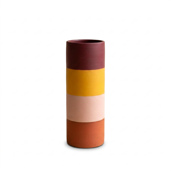 Sunset Column Color-Block Cylinder Vase in Burgundy, Saffron, Blush and Terracotta for Warm Modern Interiors