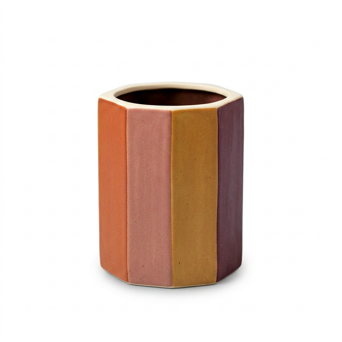 Earth Prism Faceted Decorative Vase in Burnt Orange, Dusty Rose, Ochre and Plum with a Cream Rim for Warm Modern Interiors